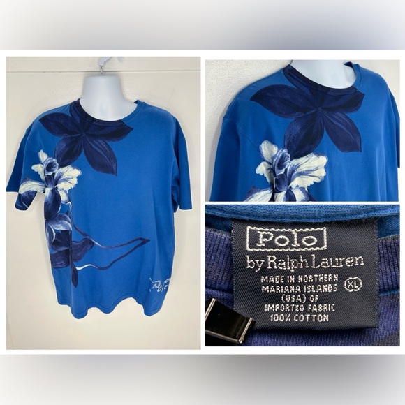 Polo Ralph Lauren Vintage 90's Painted Floral T Shirt Size XL Blue Preppy Retro‎ - Picture 1 of 10
